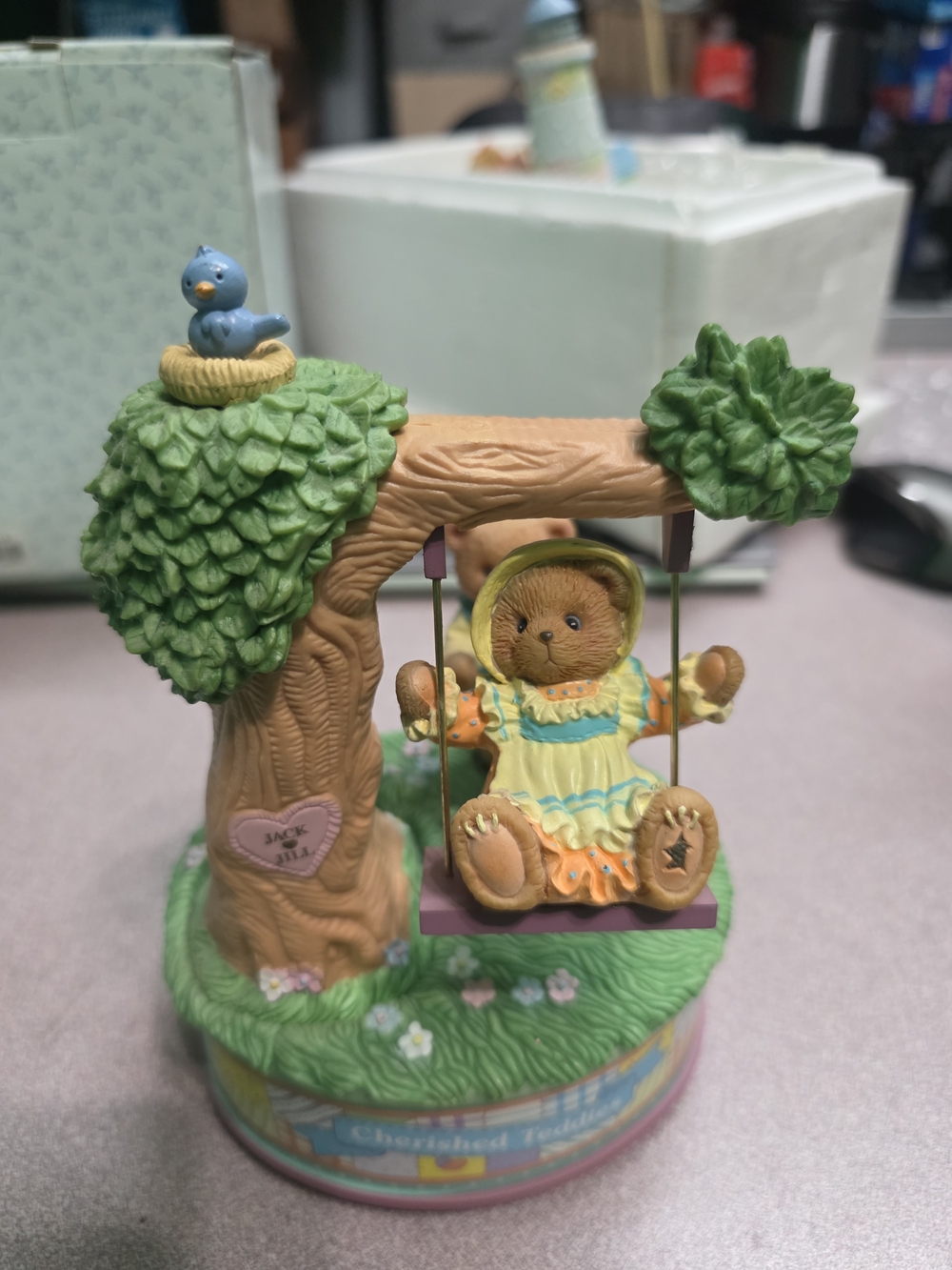 Cherished Teddies Yellow Green Brown Bear on Swing Figurine